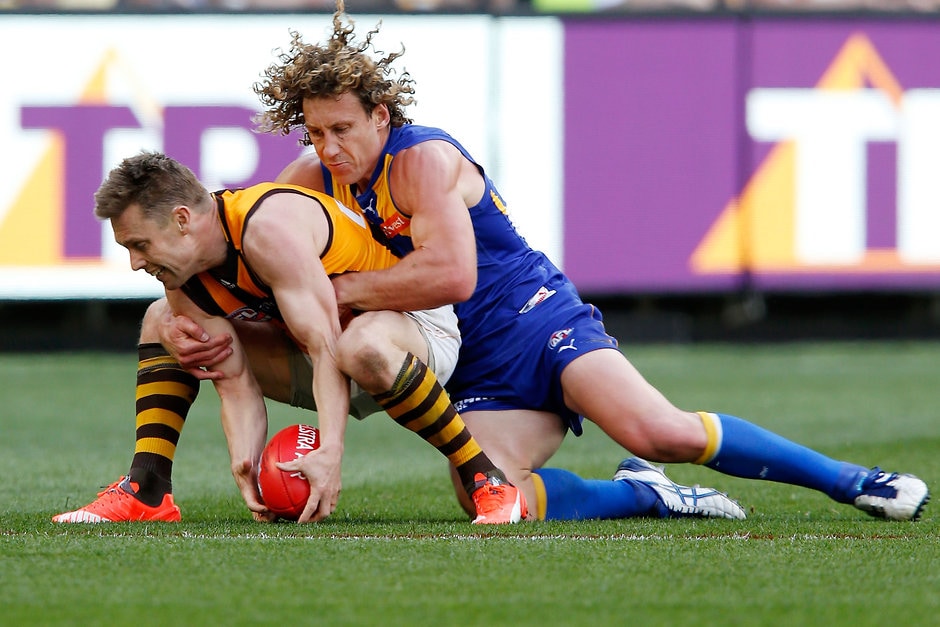 2015 Toyota AFL Grand Final - Hawthorn v West Coast MELBOURNE, AUSTRALIA - OCTOBER 3: Matt Priddis of the Eagles tackles Sam Mitchell of the Hawks during the 2015 Toyota AFL Grand Final match between the Hawthorn Hawks and the West Coast Eagles at the Melbourne Cricket Ground, Melbourne, Australia on October 3, 2015. (Photo by Darrian Traynor/AFL Media)